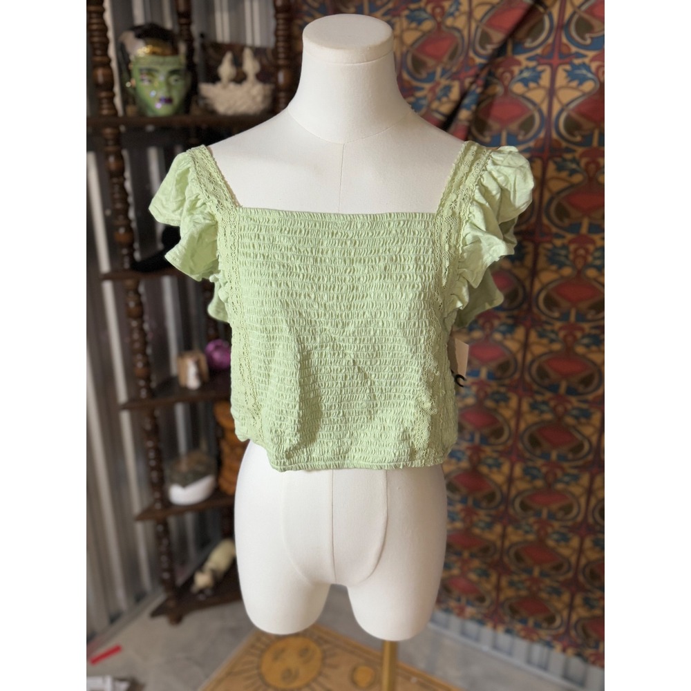 SO Crochet Trim Tank Top‎ Women's XL Gabby Green Smocked Ruffle Sleeves